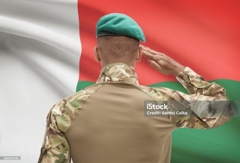 Dark-skinned soldier in hat facing national flag series - Madagascar