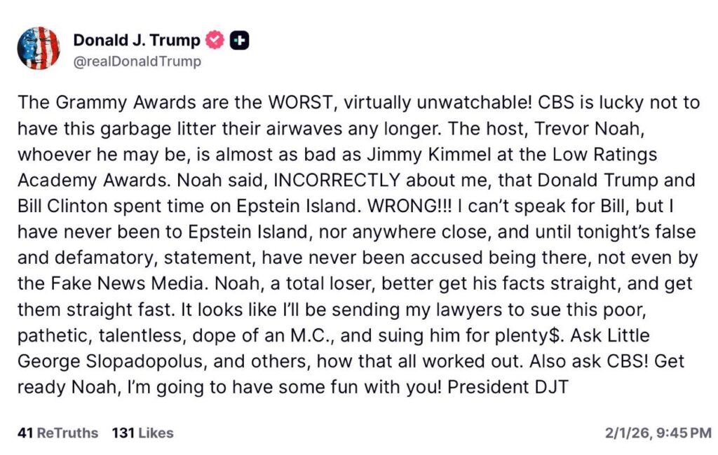 Trump threatens to sue Trevor Noah over Grammys joke