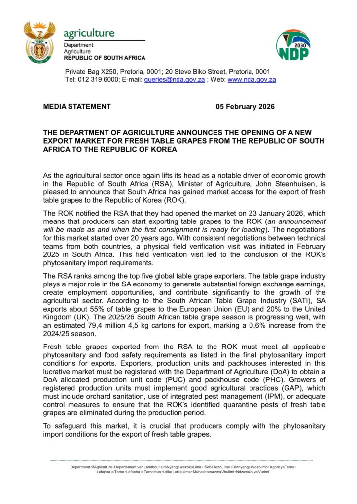 South Africa agriculture export, Korea table grapes, SA trade 2026
