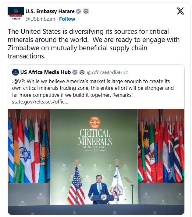 Zimbabweans pushed back against the U.S. Embassy Harare’s minerals message, saying sanctions, sovereignty and trade access must come before any minerals discussion.